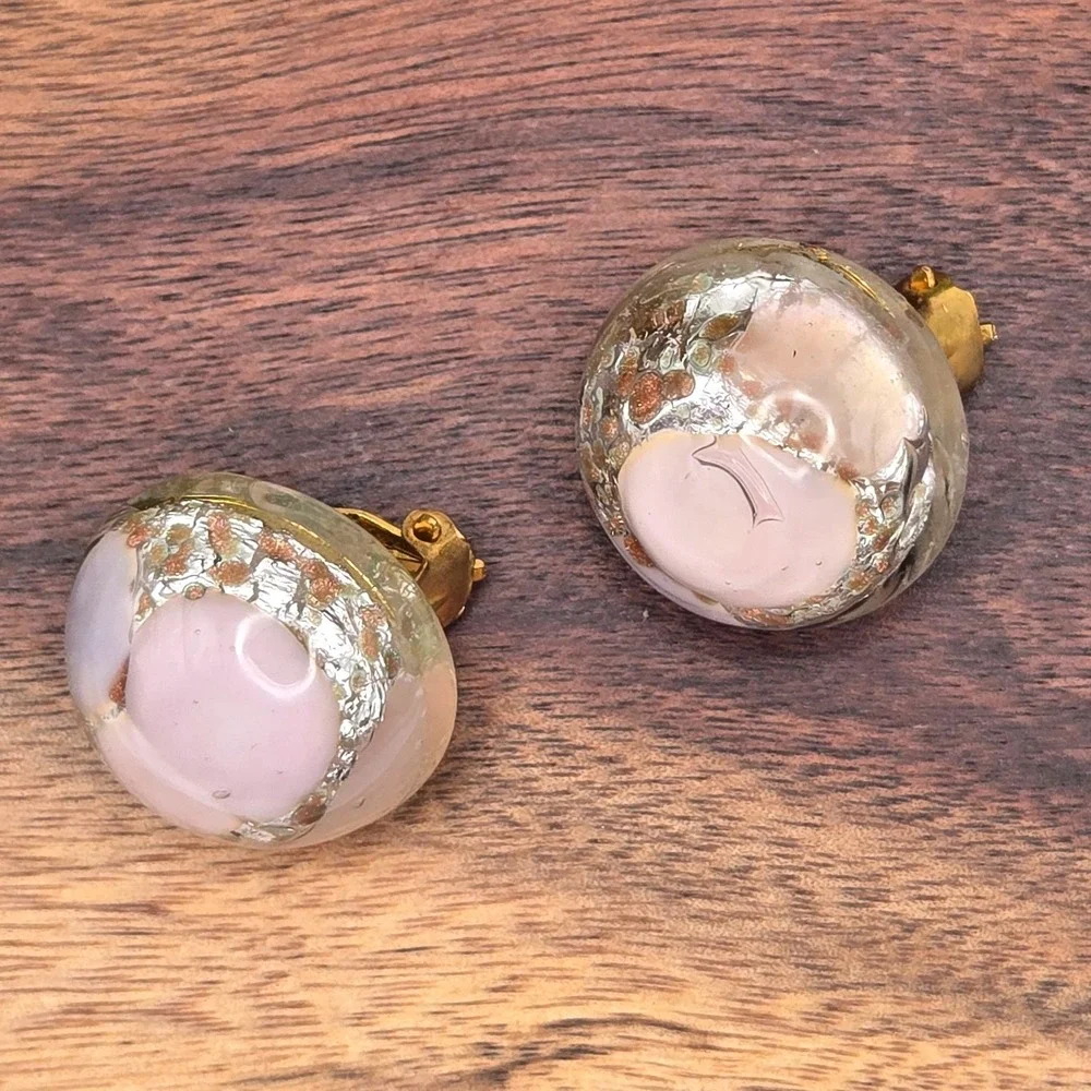 Vintage Pink‎ Glass Foil Aventurine Dome Clip On Earrings Gold Tone Mid Century